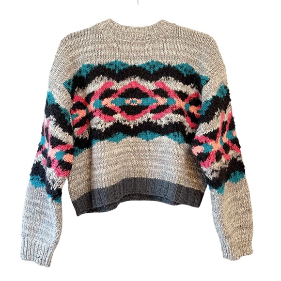 Free People I Heart You Wool Blend Cropped Aztec Print Sweater Grey Size Small - Picture 2 of 11